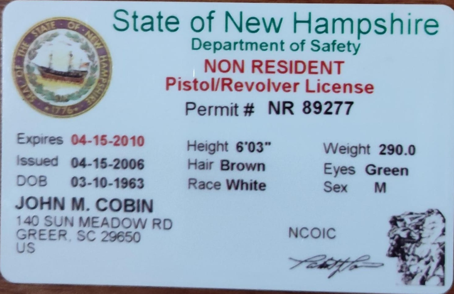 Permiso de Armas Ocultas New Hampshire 2010 (Frente)